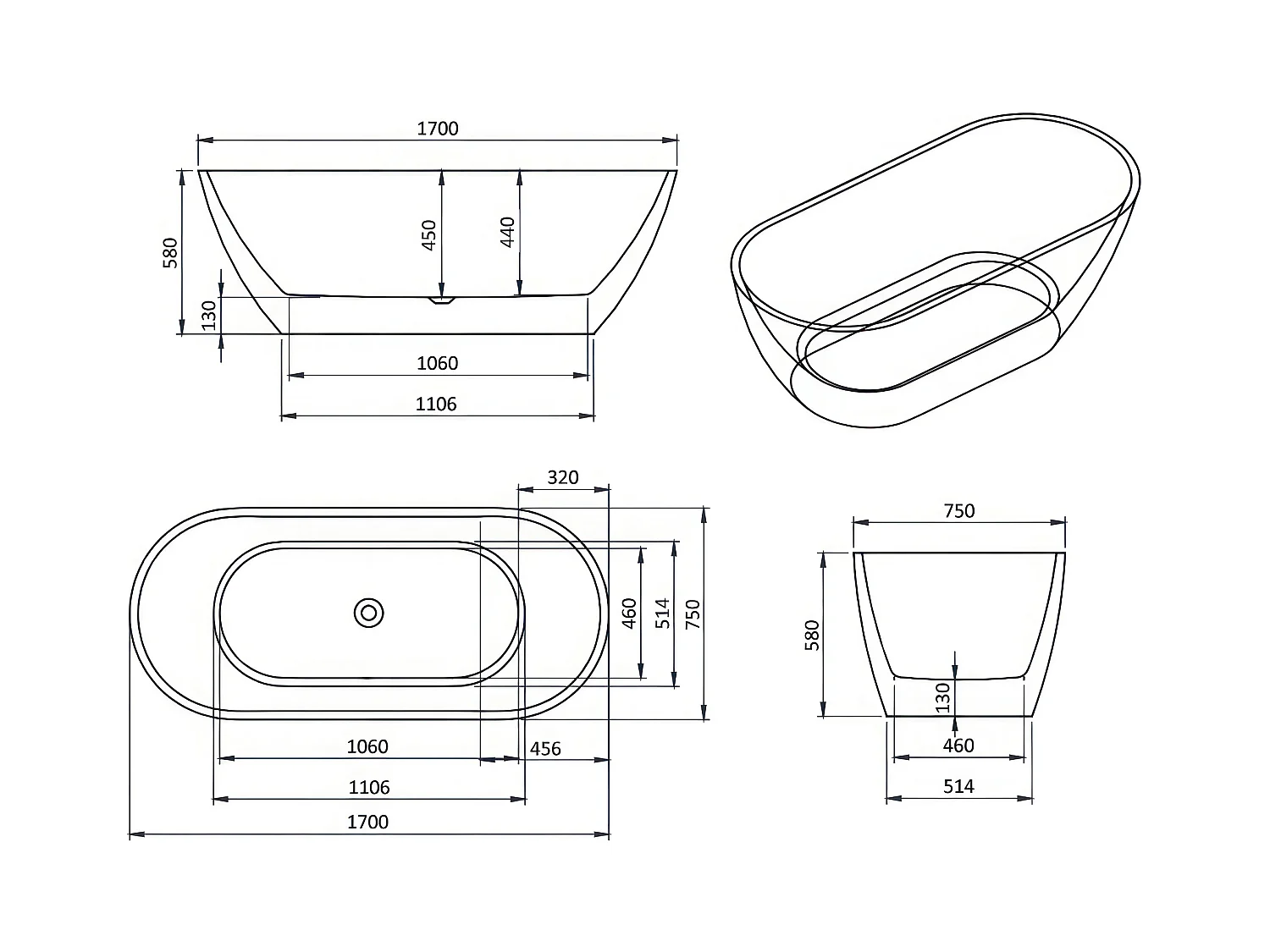 Baignoire à poser îlot ASGER 170x75 acrylique blanc + tablette de bain en bambou + Vidage à chromé