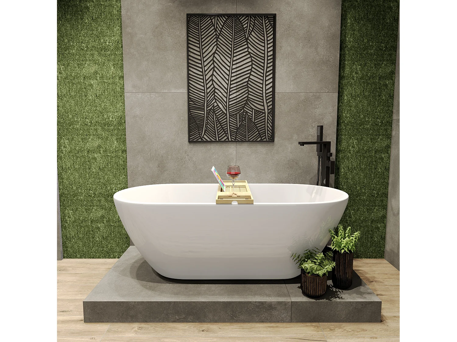 Baignoire à poser îlot ASGER 170x75 acrylique blanc + tablette de bain en bambou + Vidage à chromé