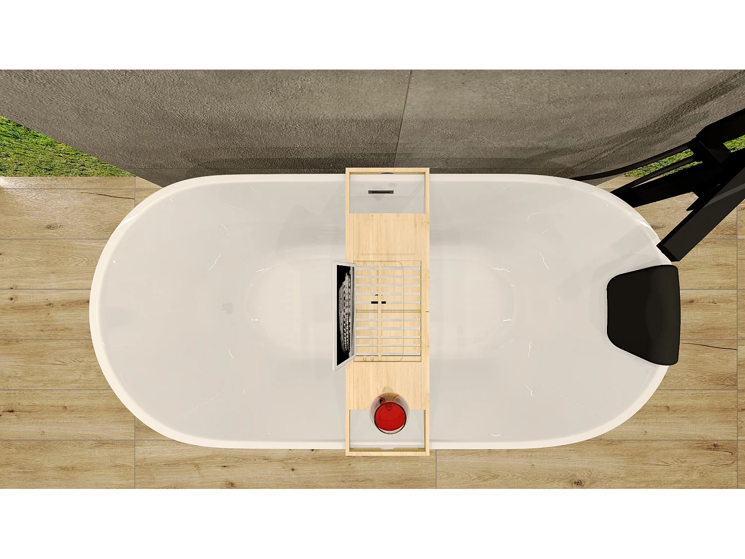 Baignoire à poser îlot ASGER 170x75 acrylique blanc + tablette de bain en bambou + Vidage à chromé