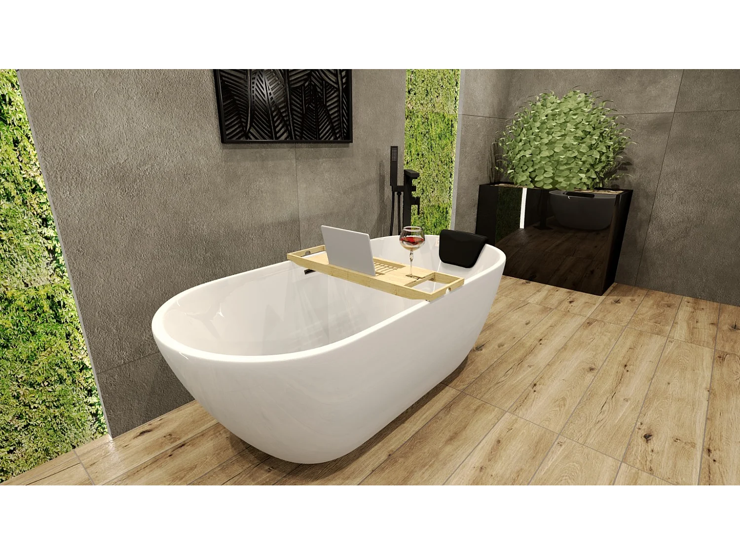 Baignoire à poser îlot ASGER 170x75 acrylique blanc + tablette de bain en bambou + Vidage à chromé