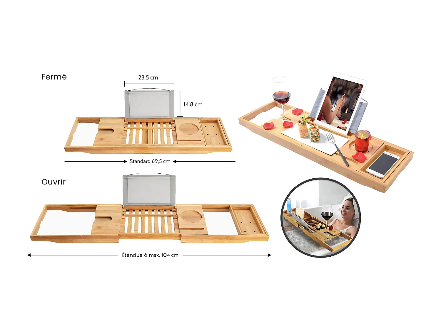 Baignoire à poser îlot ASGER 170x75 acrylique blanc + tablette de bain en bambou + Vidage à chromé