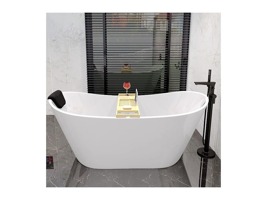 Baignoire à poser îlot ROSSA 170x80 + tablette de bain en bambou + appuie-tête KODI + Vidage à chromé