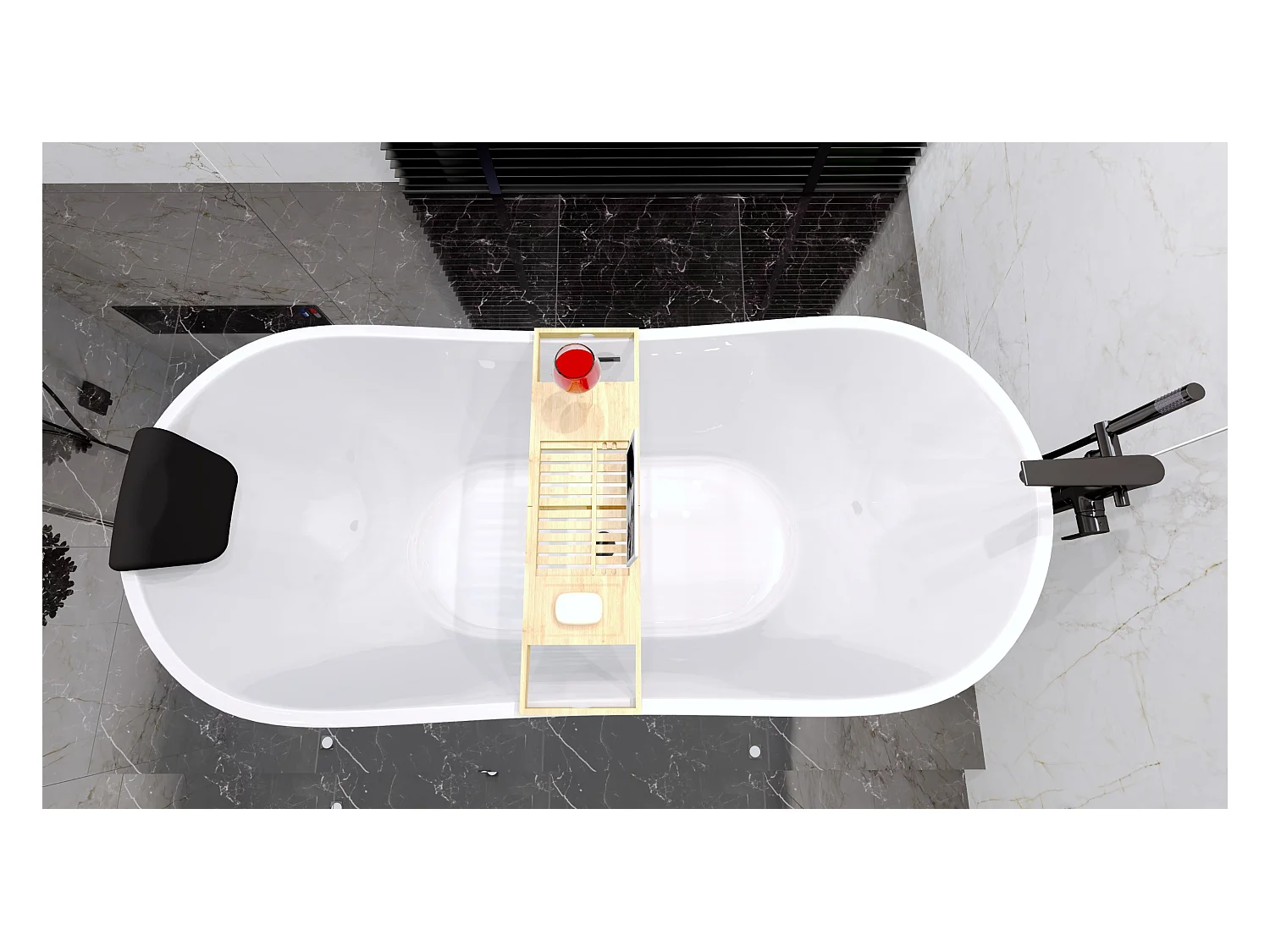 Baignoire à poser îlot ROSSA 170x80 + tablette de bain en bambou + appuie-tête KODI + Vidage à chromé