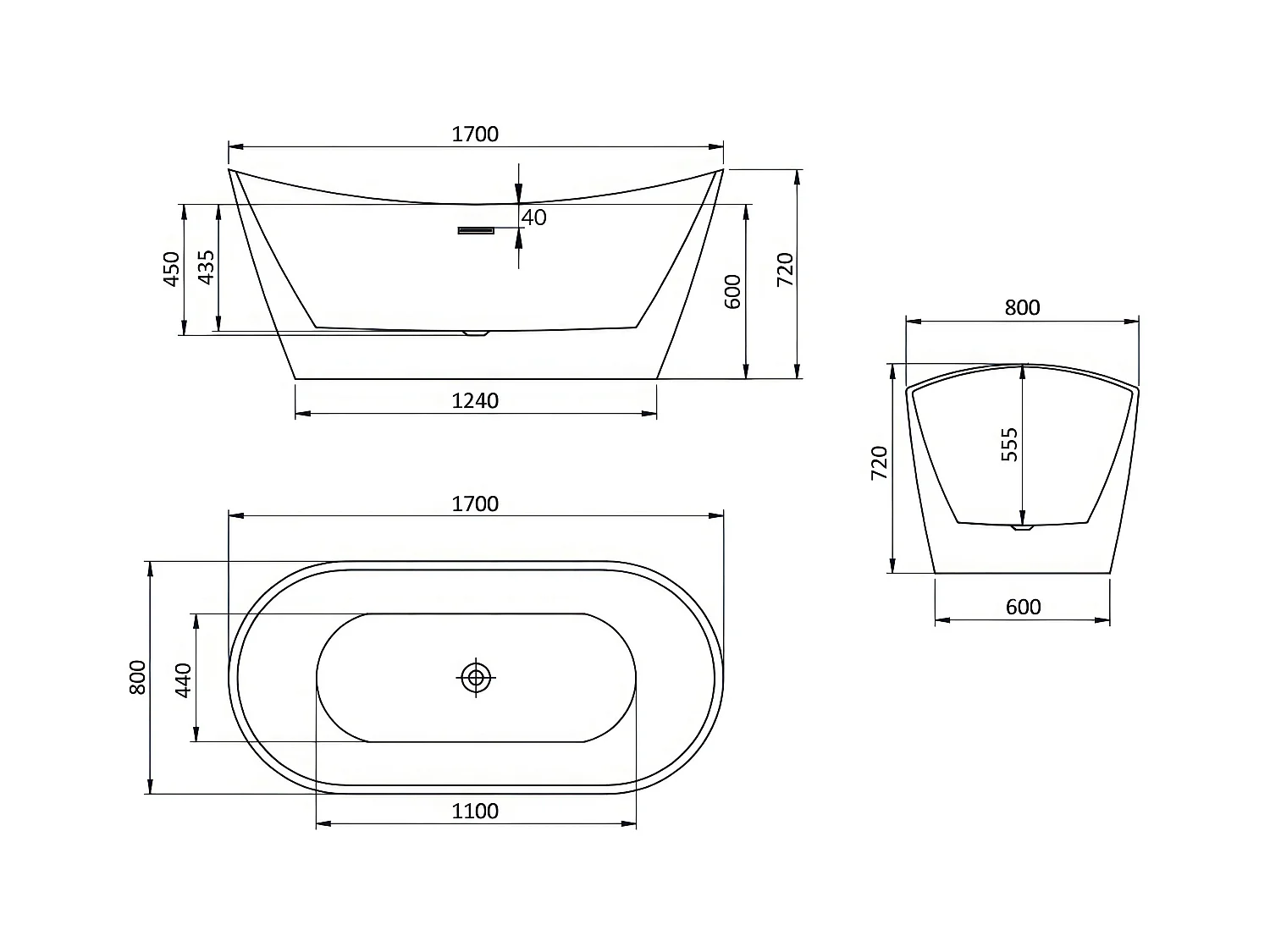 Baignoire à poser îlot ROSSA 170x80 + tablette de bain en bambou + appuie-tête KODI + Vidage à chromé