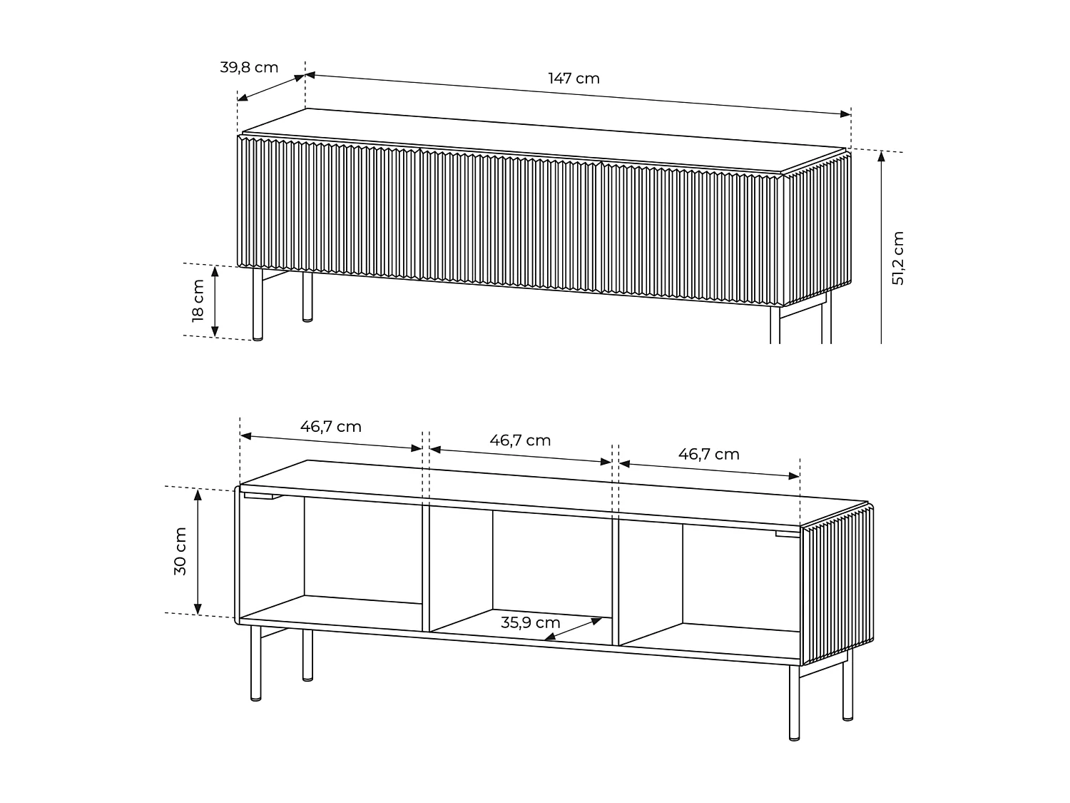 TV-meubel, zwart, 147 x 51,2 x 39,8 cm