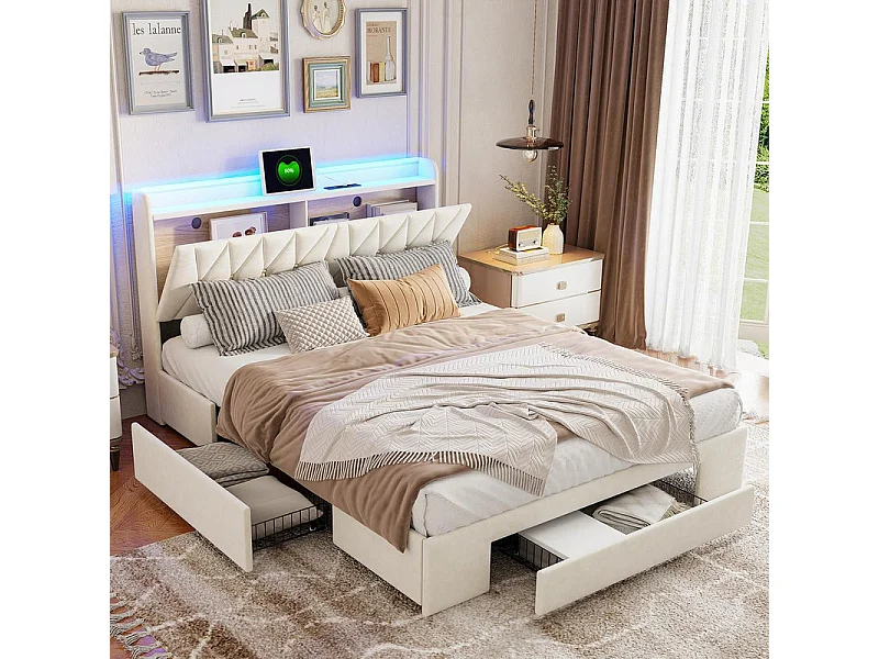 Lit Double avec Tiroirs, 140x200 cm, Bandeau LED RGB, Prises UE/USB/Type-C, Rangements Multiples Cachés, Velours Blanc Crème Design Moderne