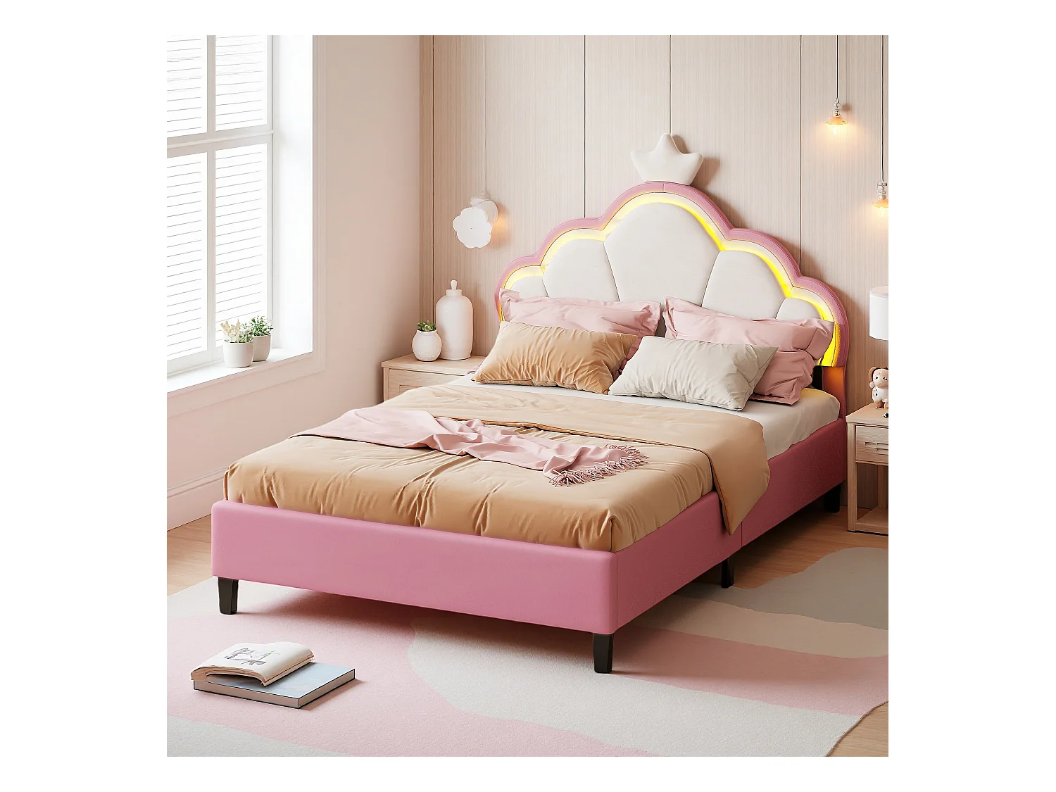 Lit Enfant Princesse et Nuage avec LED RGB-Lit Fille 90x200cm-Tête de Lit Couronne Réglable, Contrôle APP- Velours Anti-Tache et Structure Bois Massif-Rose/Blanc