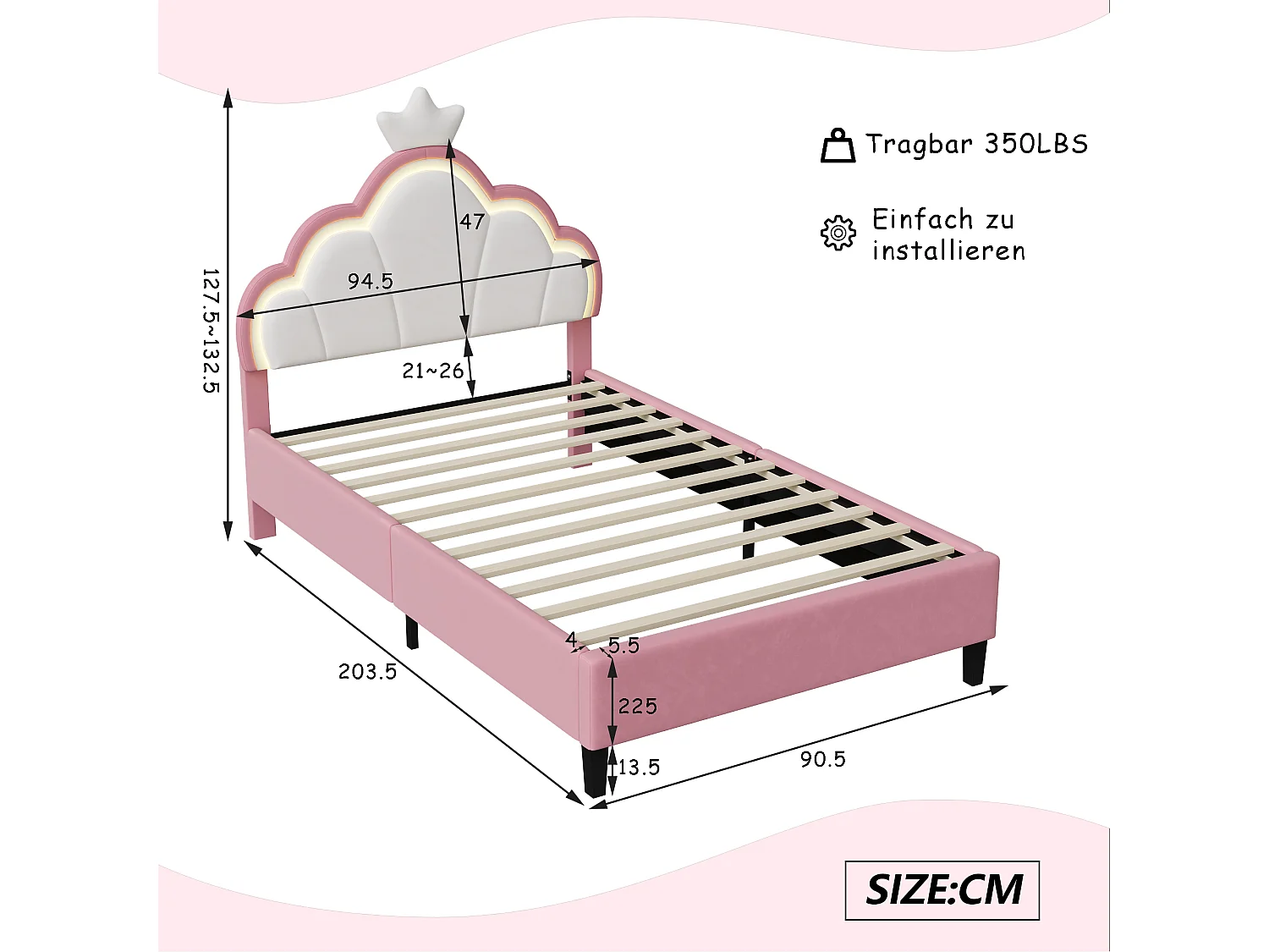 Lit Enfant Princesse et Nuage avec LED RGB-Lit Fille 90x200cm-Tête de Lit Couronne Réglable, Contrôle APP- Velours Anti-Tache et Structure Bois Massif-Rose/Blanc
