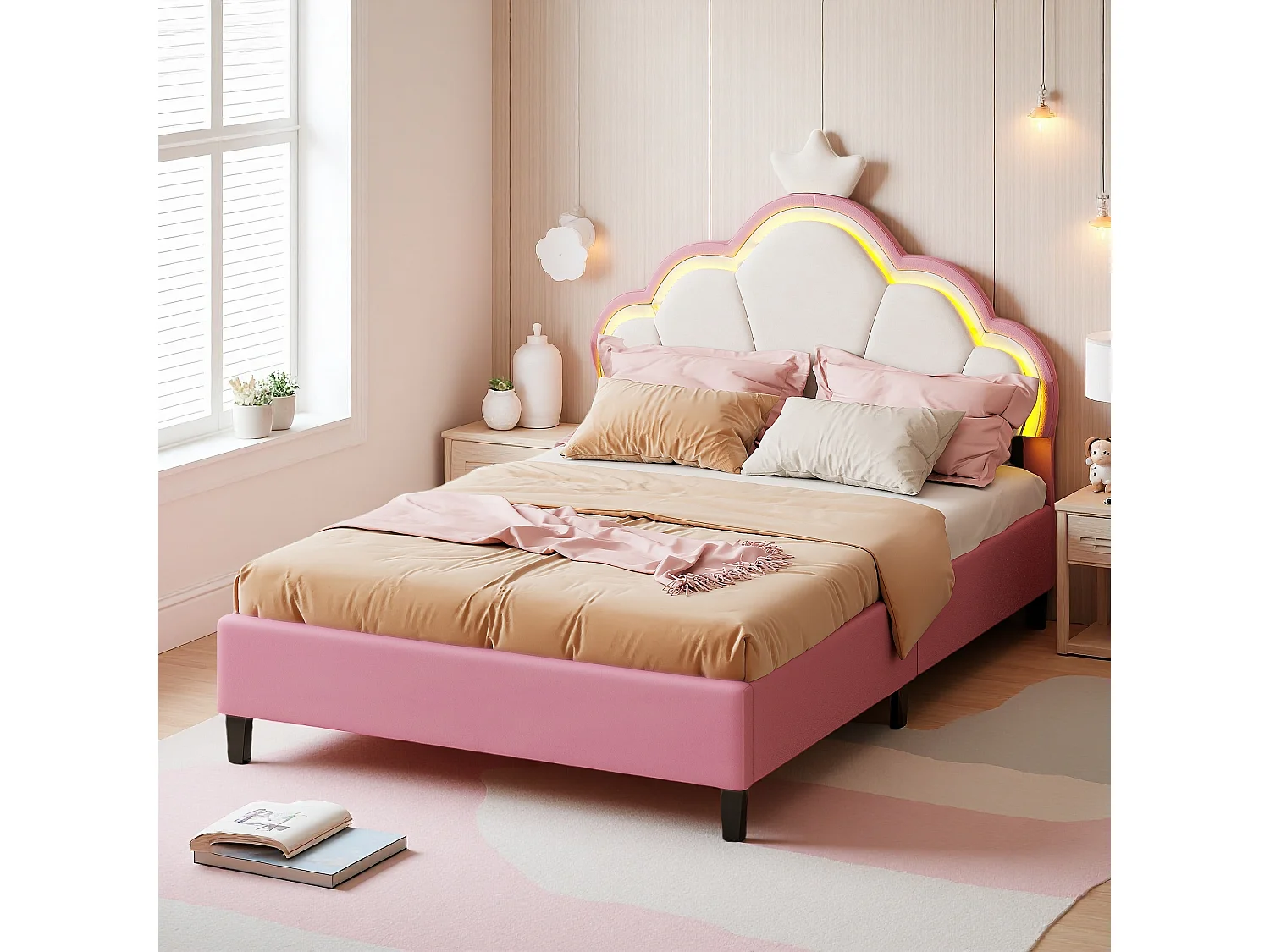 Lit Enfant Princesse et Nuage avec LED RGB-Lit Fille 90x200cm-Tête de Lit Couronne Réglable, Contrôle APP- Velours Anti-Tache et Structure Bois Massif-Rose/Blanc