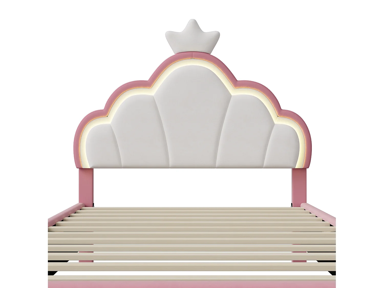 Lit Enfant Princesse et Nuage avec LED RGB-Lit Fille 90x200cm-Tête de Lit Couronne Réglable, Contrôle APP- Velours Anti-Tache et Structure Bois Massif-Rose/Blanc