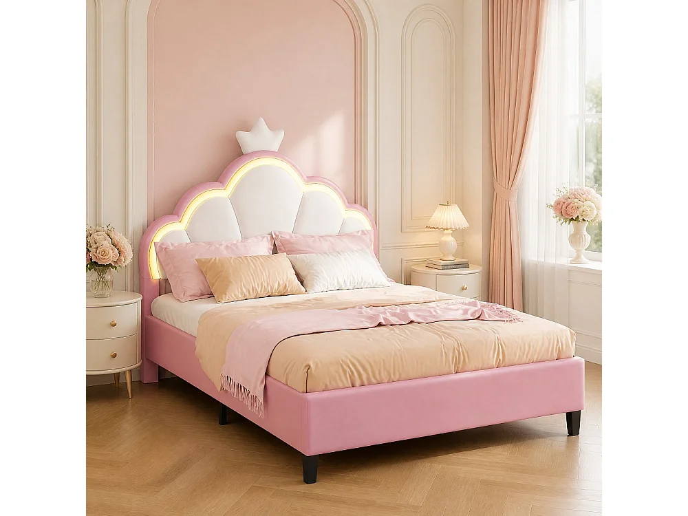 Prinsesse Cloud LED RGB Børneseng 90x200cm med Justerbar Kronet Hovedgærde - Lyserød/Hvid