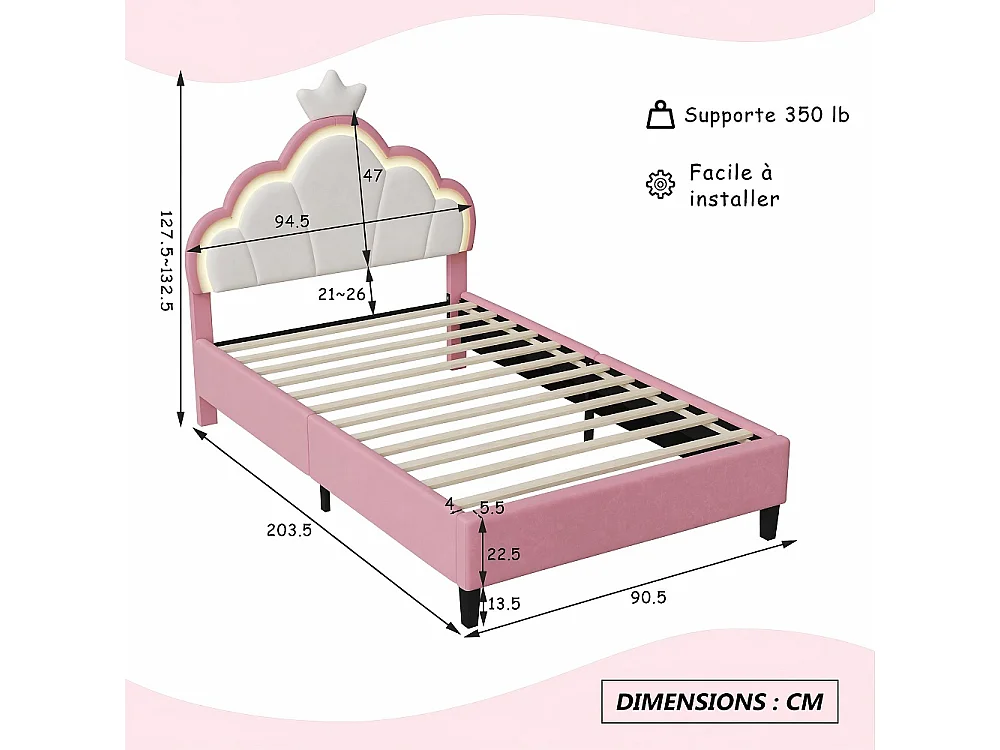 Prinsesse Cloud LED RGB Børneseng 90x200cm med Justerbar Kronet Hovedgærde - Lyserød/Hvid