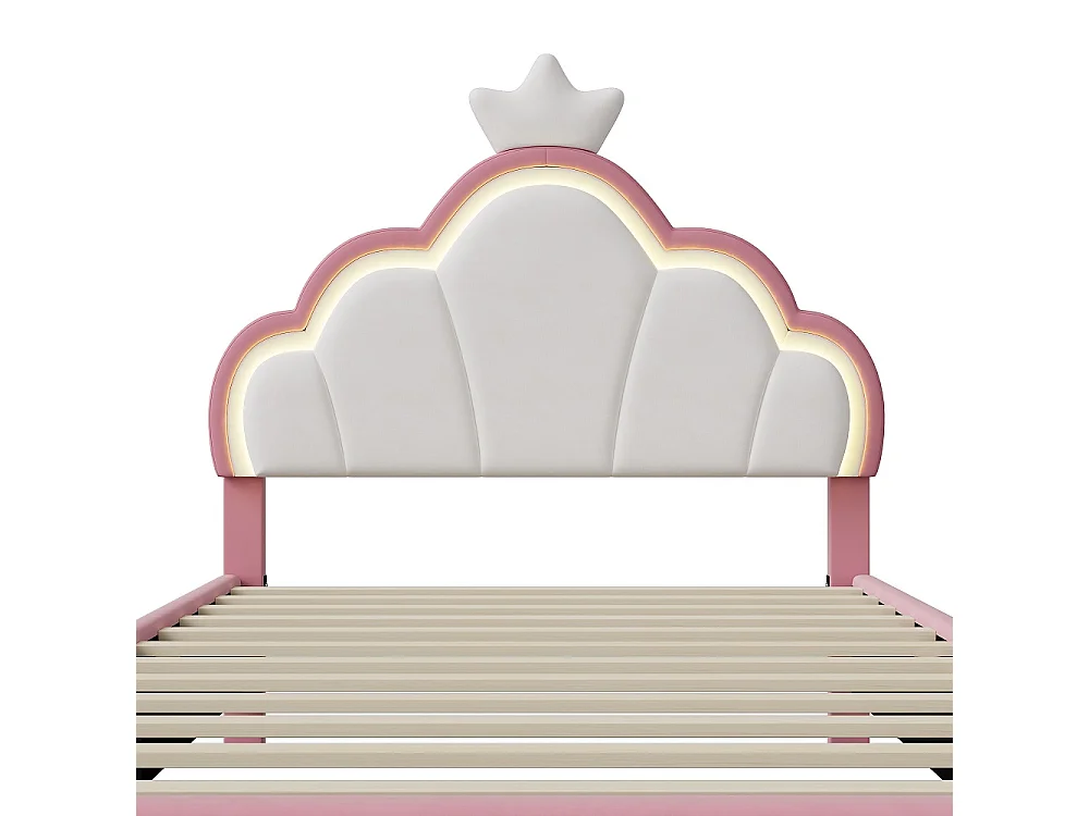 Prinsesse Cloud LED RGB Børneseng 90x200cm med Justerbar Kronet Hovedgærde - Lyserød/Hvid