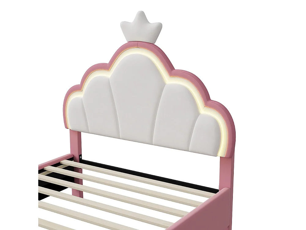 Prinsesse Cloud LED RGB Børneseng 90x200cm med Justerbar Kronet Hovedgærde - Lyserød/Hvid