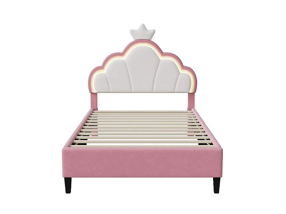 Prinsesse Cloud LED RGB Børneseng 90x200cm med Justerbar Kronet Hovedgærde - Lyserød/Hvid