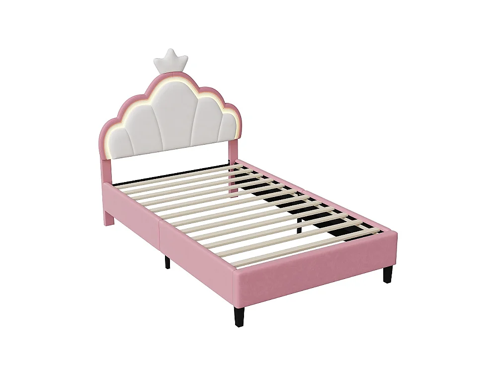 Prinsesse Cloud LED RGB Børneseng 90x200cm med Justerbar Kronet Hovedgærde - Lyserød/Hvid