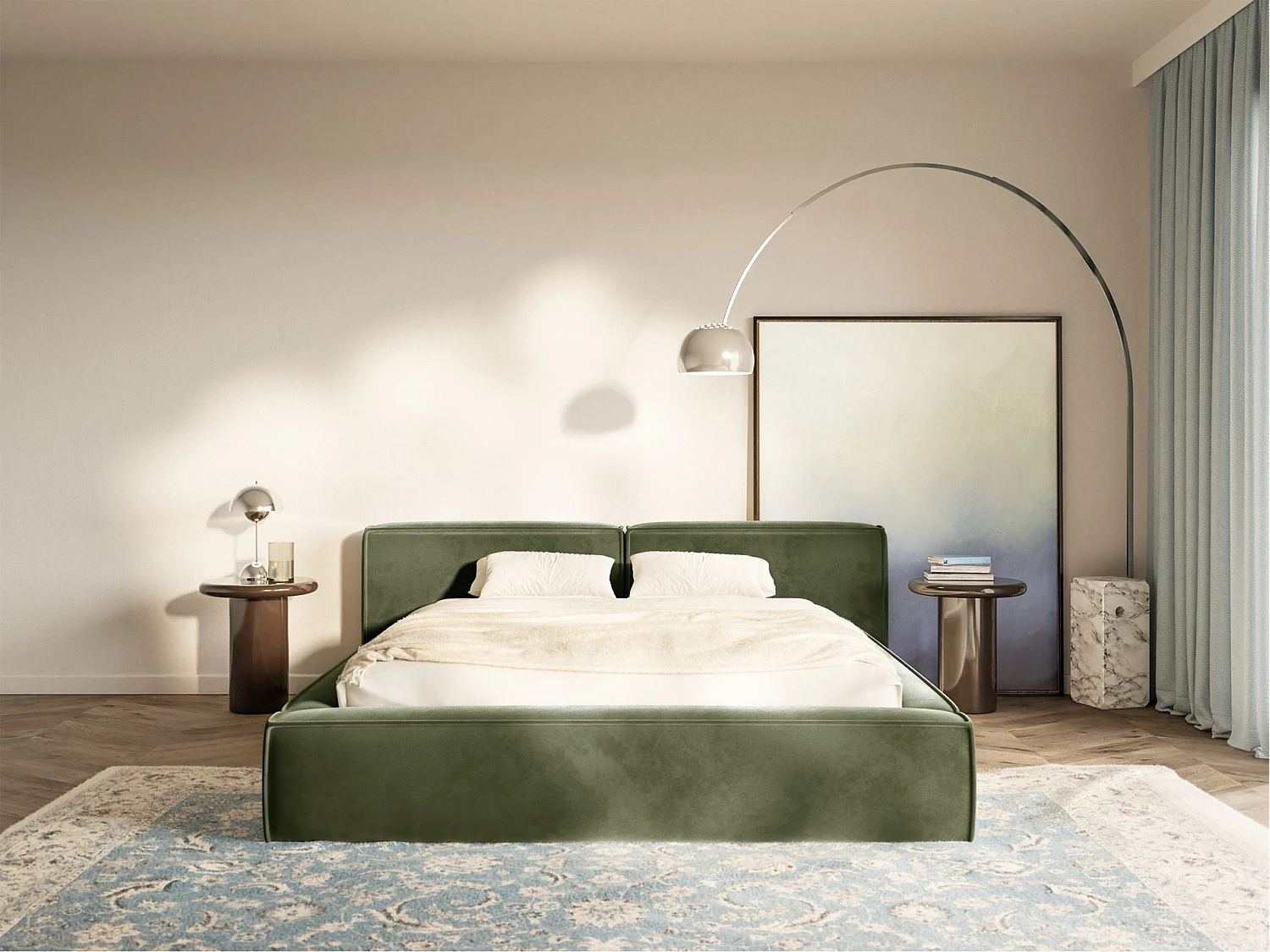 Lit coffre 180x200 avec coffre – sommier à lattes – velours – vert olive – TILVES LOW