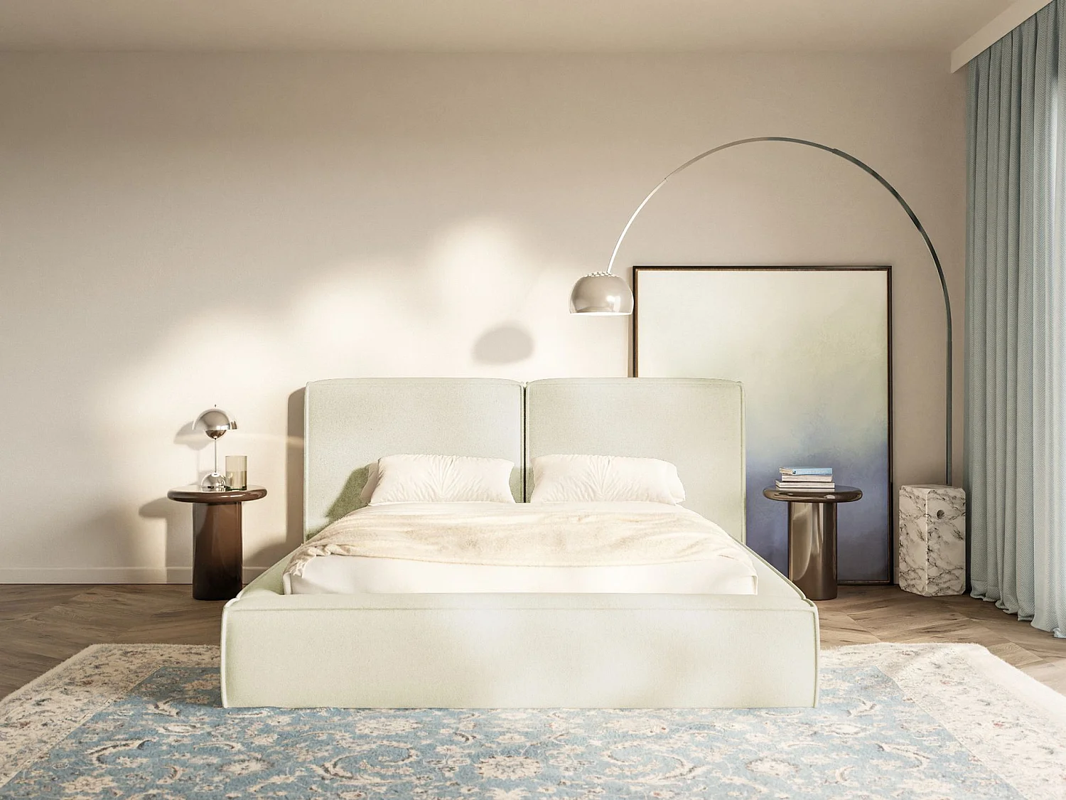 Lit tapissé 140x200 avec coffre – sommier à lattes – chenille – crème – TILVES