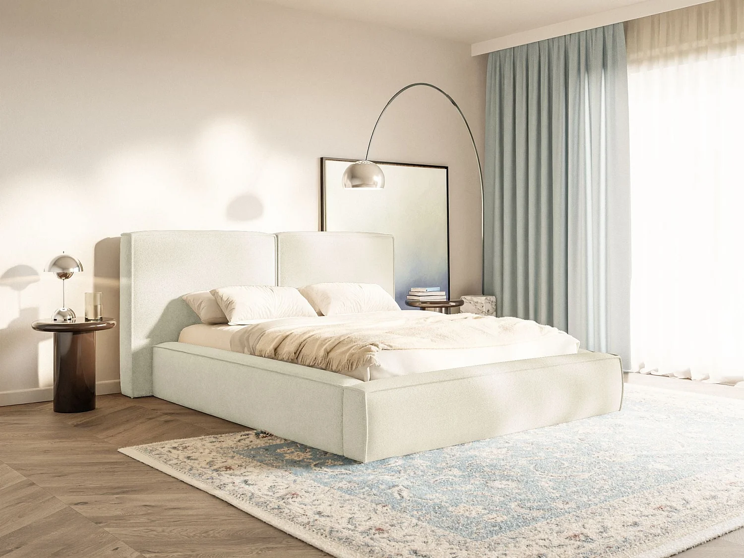 Lit tapissé 140x200 avec coffre – sommier à lattes – chenille – crème – TILVES
