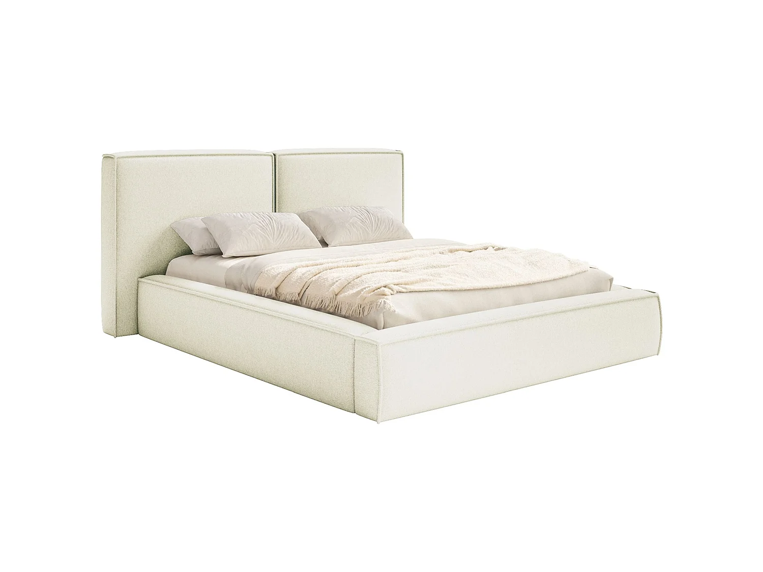 Lit tapissé 140x200 avec coffre – sommier à lattes – chenille – crème – TILVES