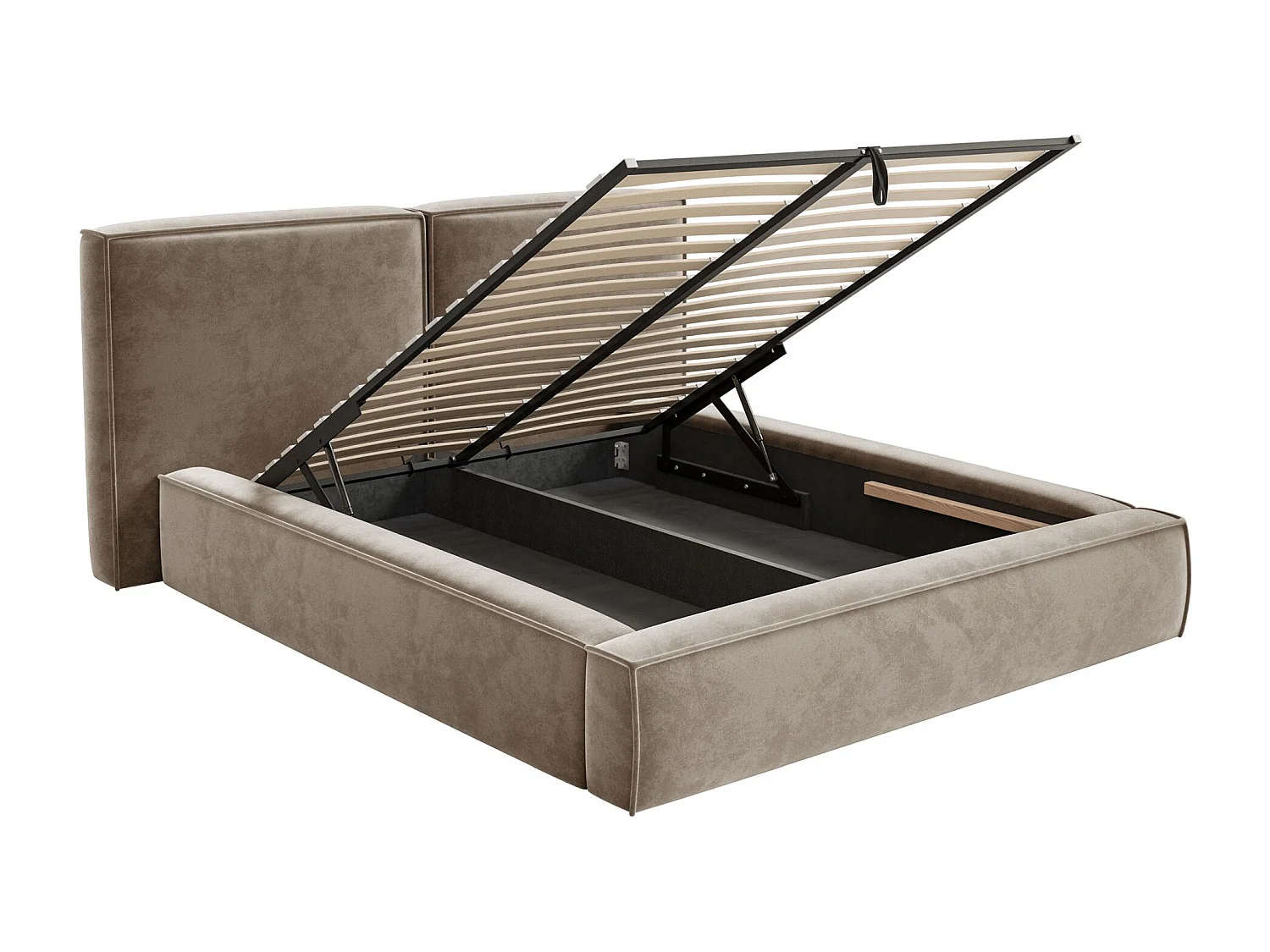 Lit tapissé 160x200 avec coffre – sommier à lattes – velours – brun clair – TILVES