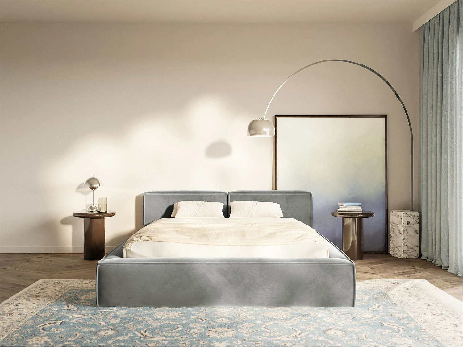 Lit coffre 180x200 avec coffre – sommier à lattes – velours – gris – TILVES SLIM