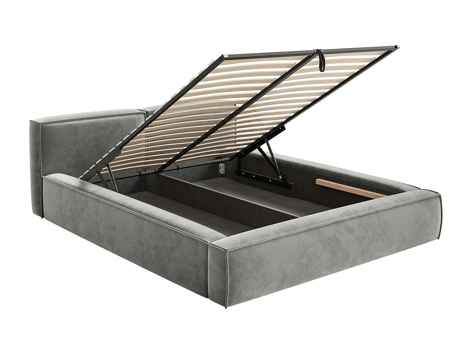 Lit coffre 180x200 avec coffre – sommier à lattes – velours – gris – TILVES SLIM