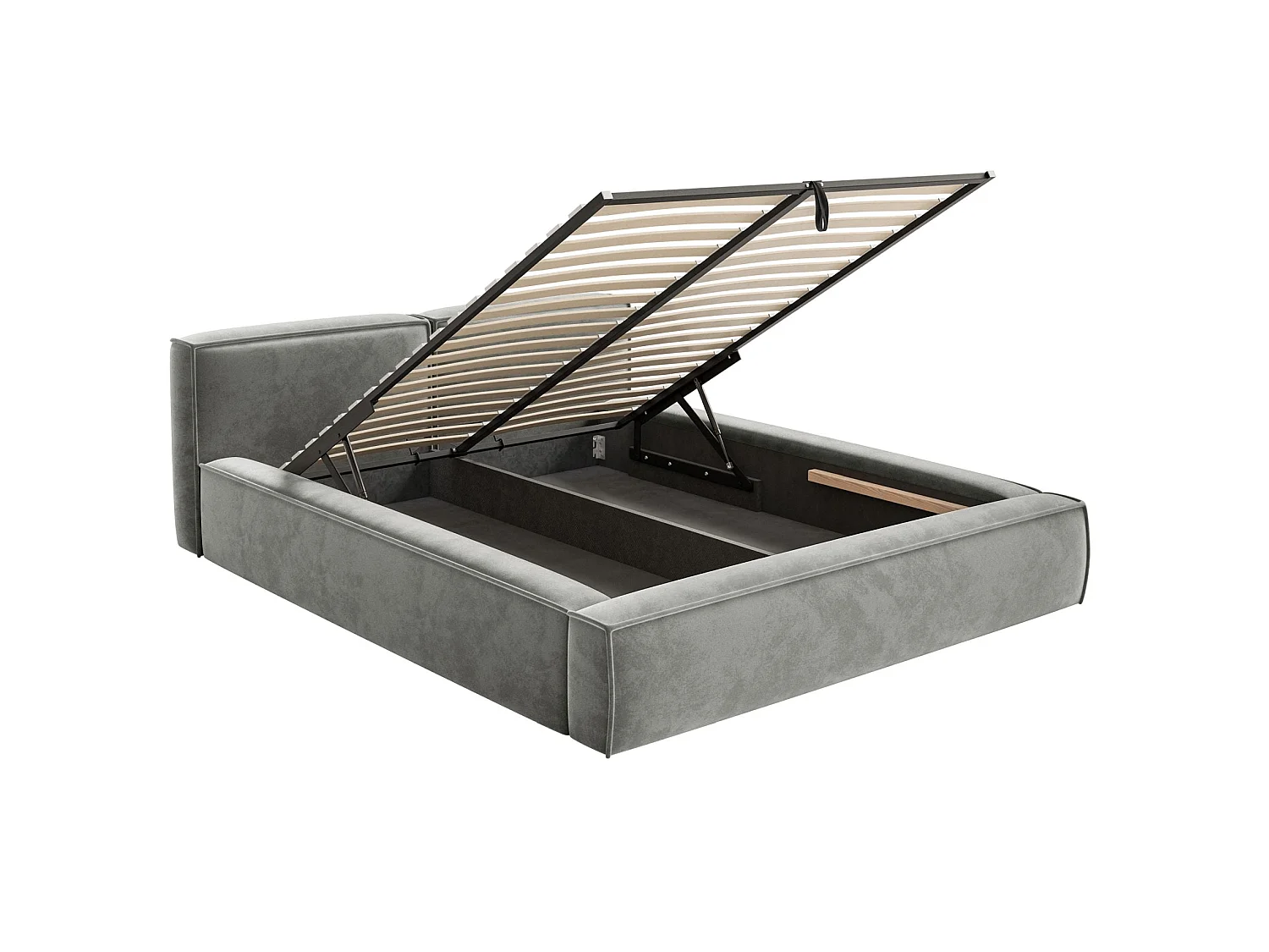 Lit coffre 180x200 avec coffre – sommier à lattes – velours – gris – TILVES SLIM
