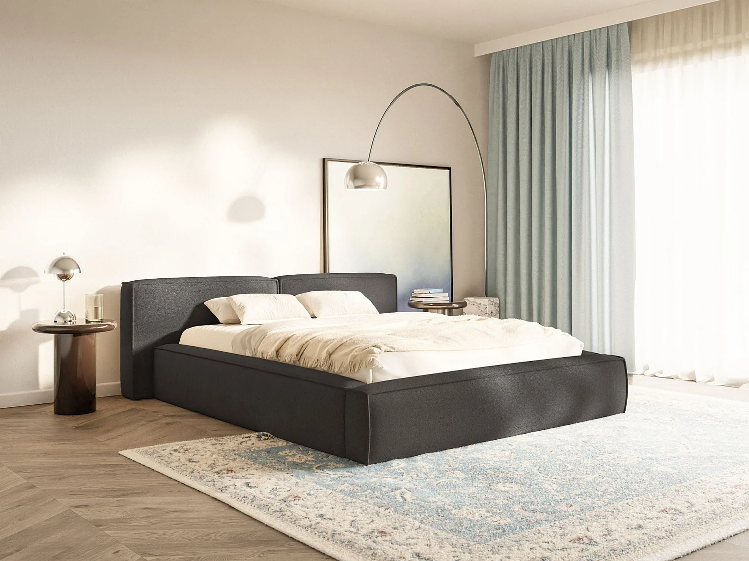 Opbergbed 200x200 cm – met lattenbodem – chenille – grafietgrijs – TILVES LOW