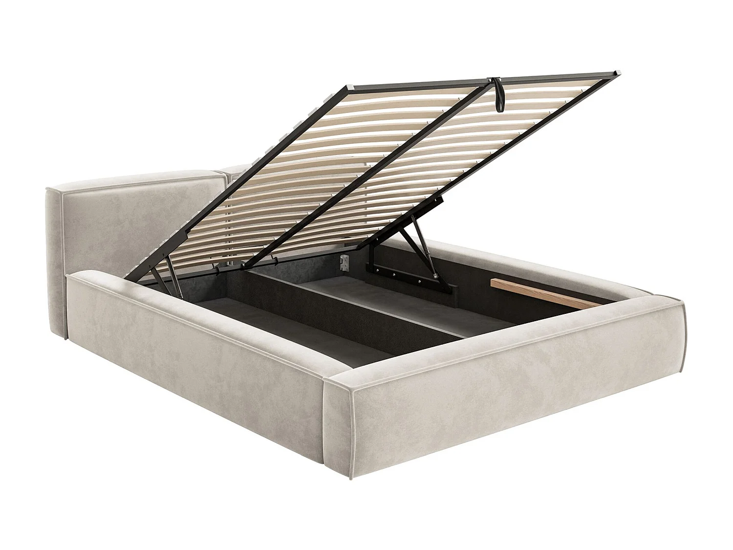 Lit coffre 140x200 avec coffre – sommier à lattes – velours – grège – TILVES SLIM