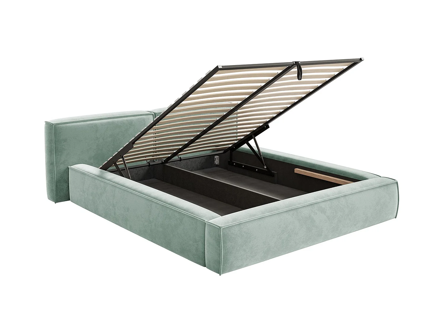 Polsterbett 160x200 mit Bettkasten – Lattenrost – Velours – salbeigrün – TILVES LOW