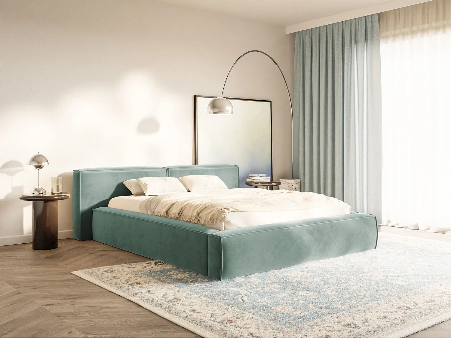 Lit coffre 160x200 avec coffre – sommier à lattes – velours – vert sauge – TILVES LOW