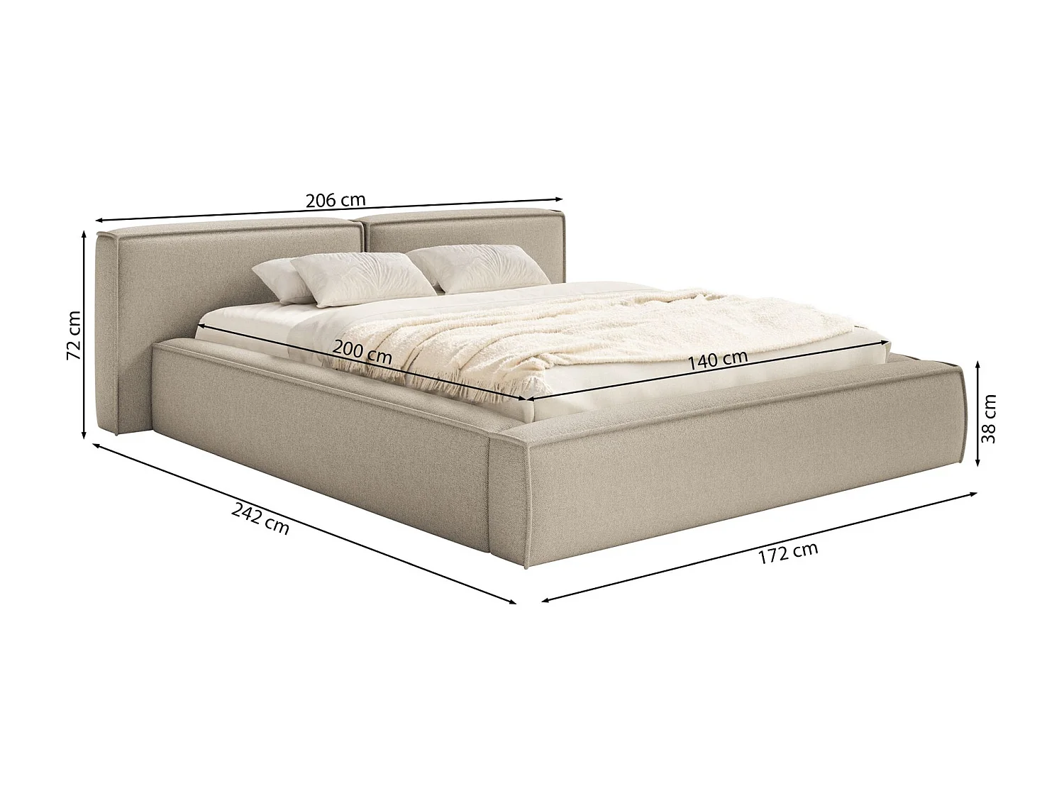 Lit coffre 140x200 avec coffre – sommier à lattes – chenille – beige clair – TILVES LOW