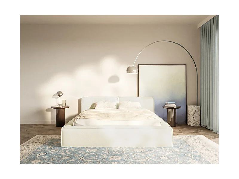 Lit coffre 200x200 avec coffre – sommier à lattes – chenille – crème – TILVES SLIM