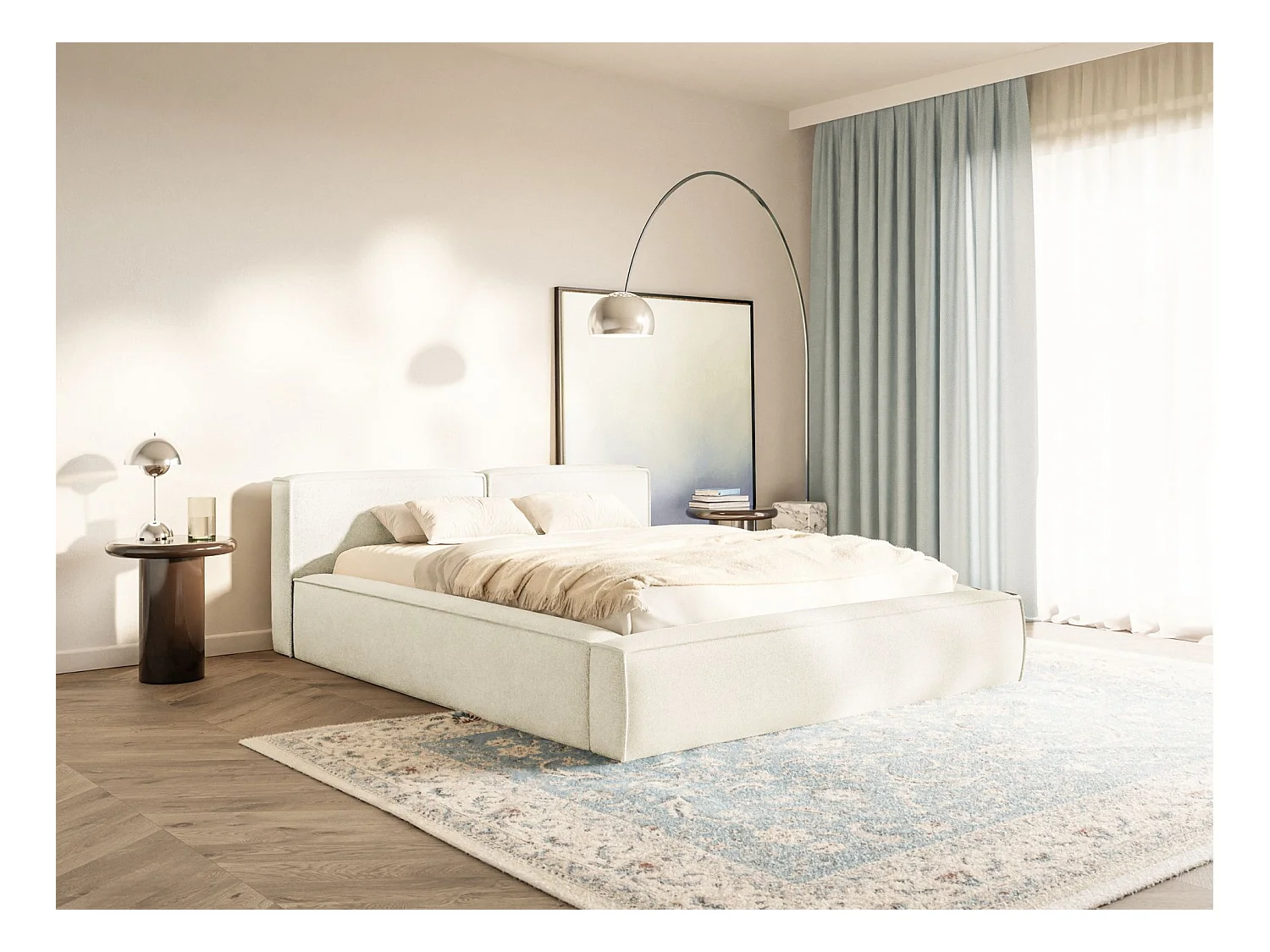 Polsterbett 200x200 mit Bettkasten – Lattenrost – Chenille – creme – TILVES SLIM