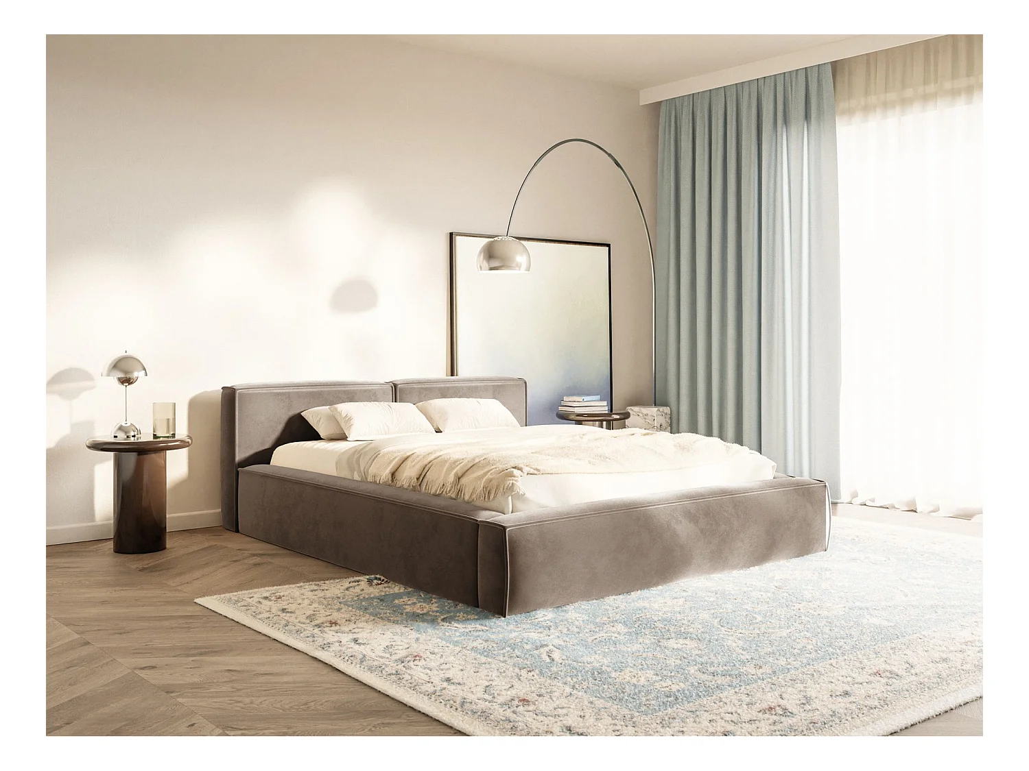 Opbergbed 160x200 cm – met lattenbodem – velours – lichtbruin – TILVES SLIM