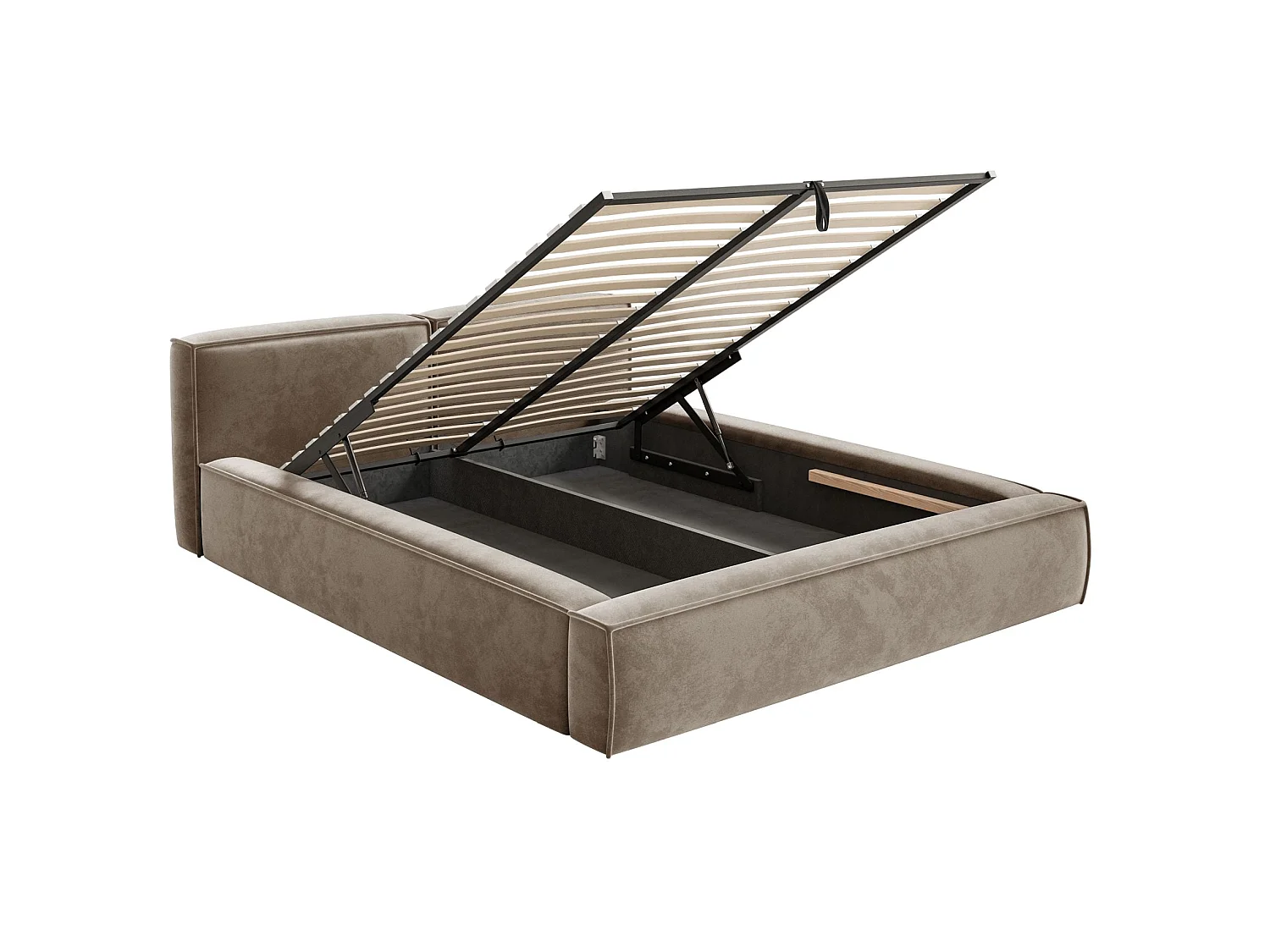 Lit coffre 160x200 avec coffre – sommier à lattes – velours – brun clair – TILVES SLIM