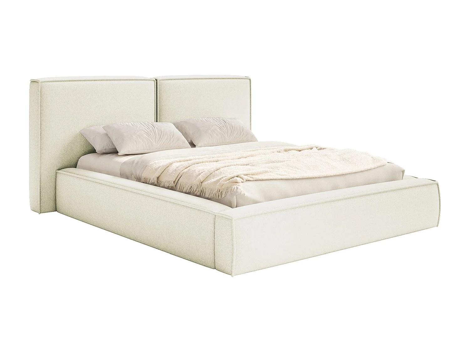 Lit tapissé 160x200 avec coffre – sommier à lattes – chenille – crème – TILVES