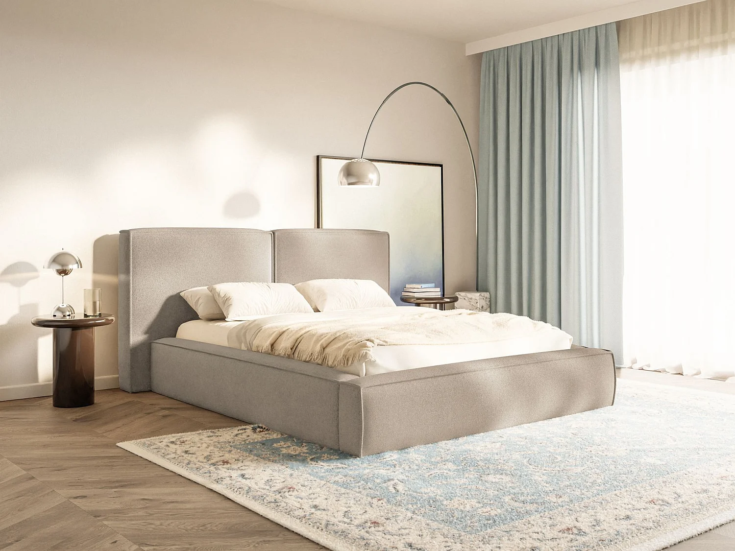 Lit tapissé 140x200 avec coffre – sommier à lattes – chenille – beige – TILVES