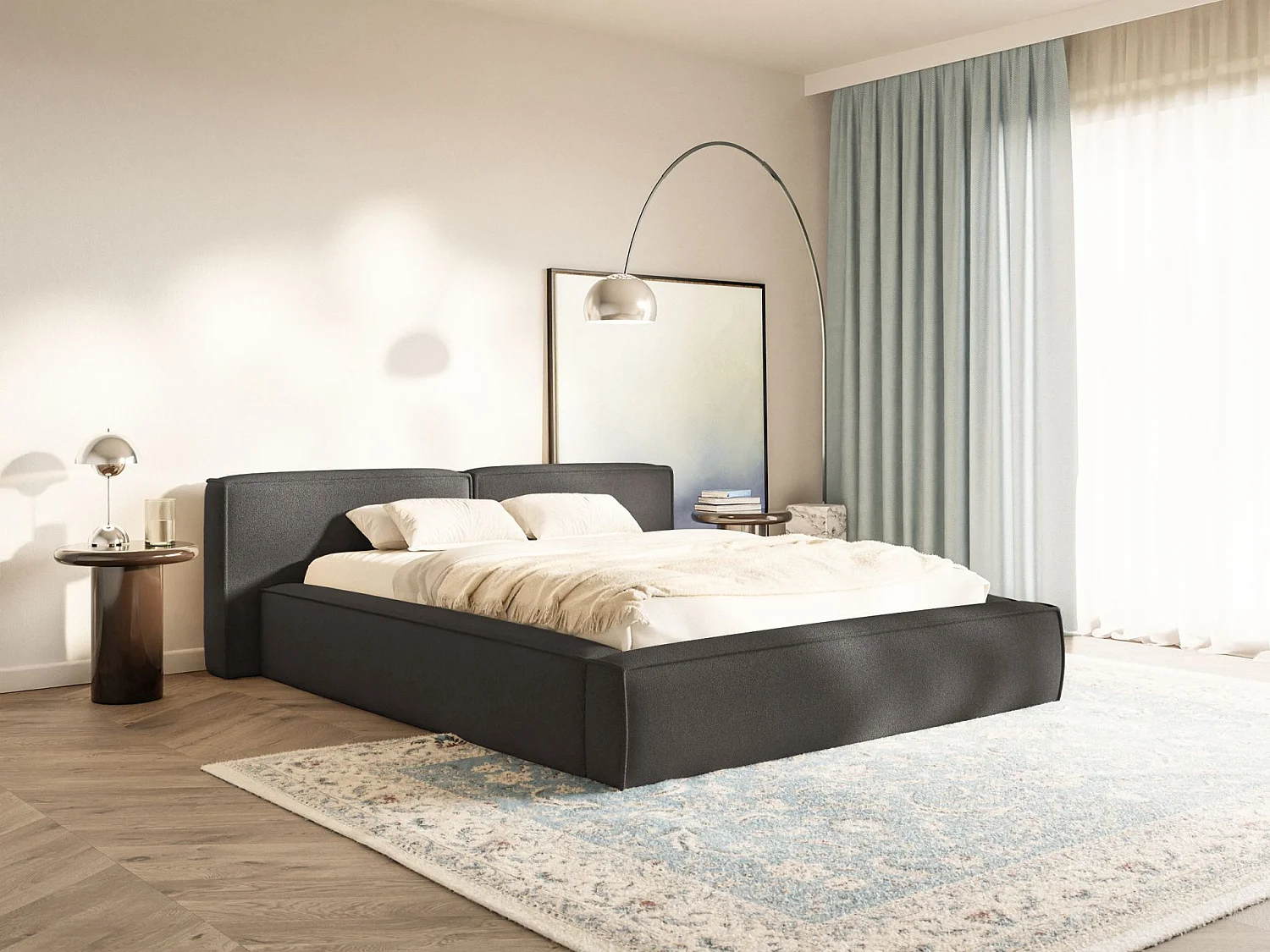 Lit coffre 160x200 avec coffre – sommier à lattes – chenille – gris graphite – TILVES LOW