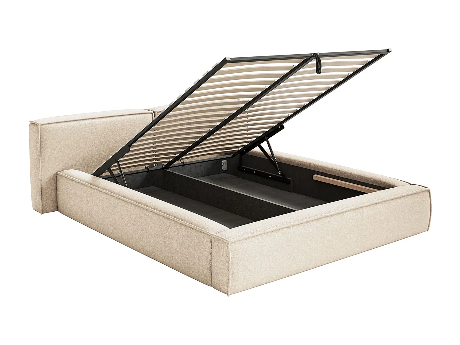 Lit coffre 200x200 avec coffre – sommier à lattes – chenille – beige clair – TILVES LOW