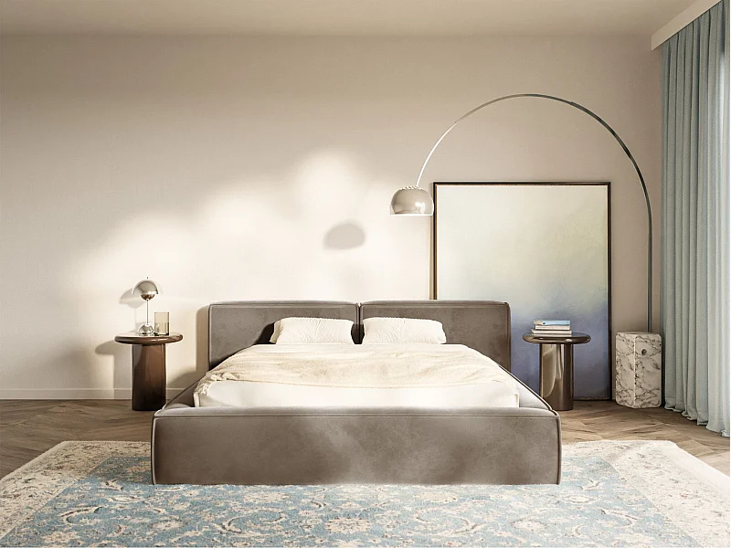 Lit coffre 180x200 avec coffre – sommier à lattes – velours – brun clair – TILVES LOW