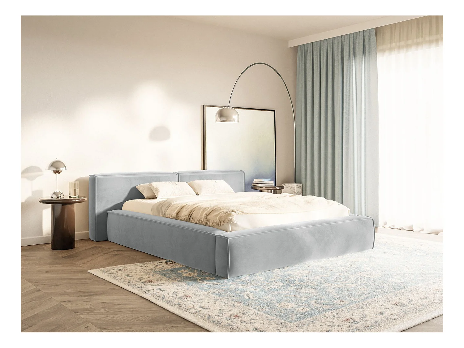 Polsterbett 140x200 mit Bettkasten – Lattenrost – Velours – hellgrau – TILVES LOW