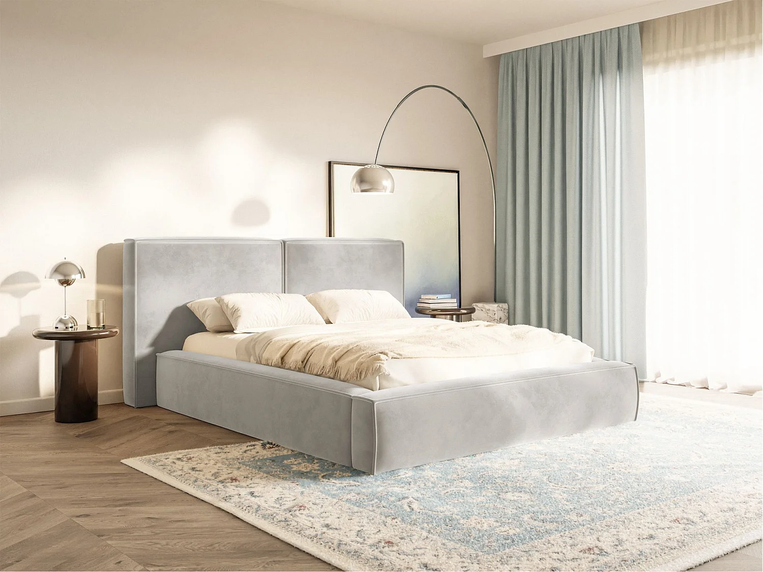 Lit tapissé 180x200 avec coffre – sommier à lattes – velours – greige – TILVES