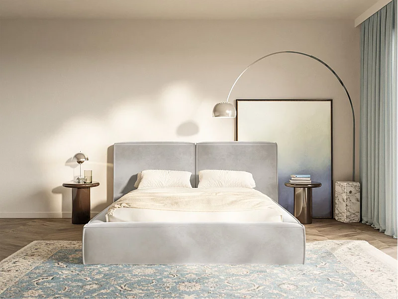 Lit tapissé 180x200 avec coffre – sommier à lattes – velours – greige – TILVES