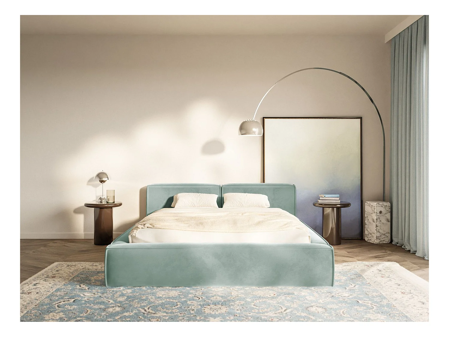 Polsterbett 200x200 mit Bettkasten – Lattenrost – Velours – salbeigrün – TILVES SLIM