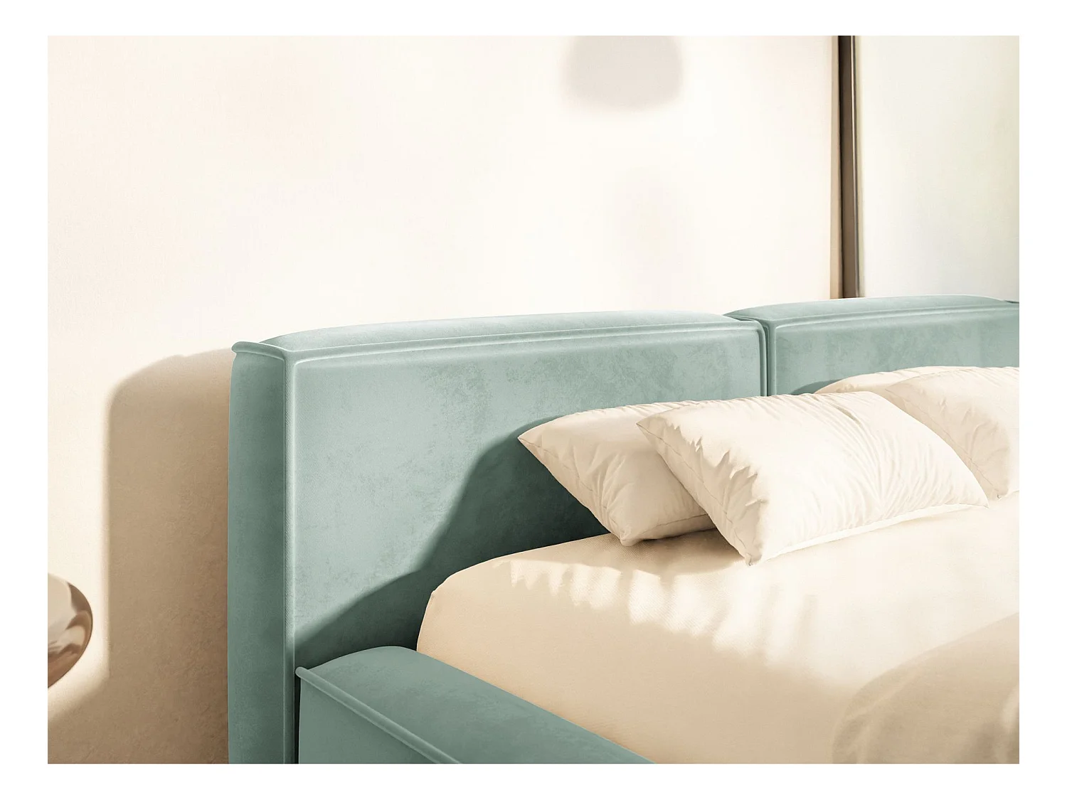 Polsterbett 200x200 mit Bettkasten – Lattenrost – Velours – salbeigrün – TILVES SLIM