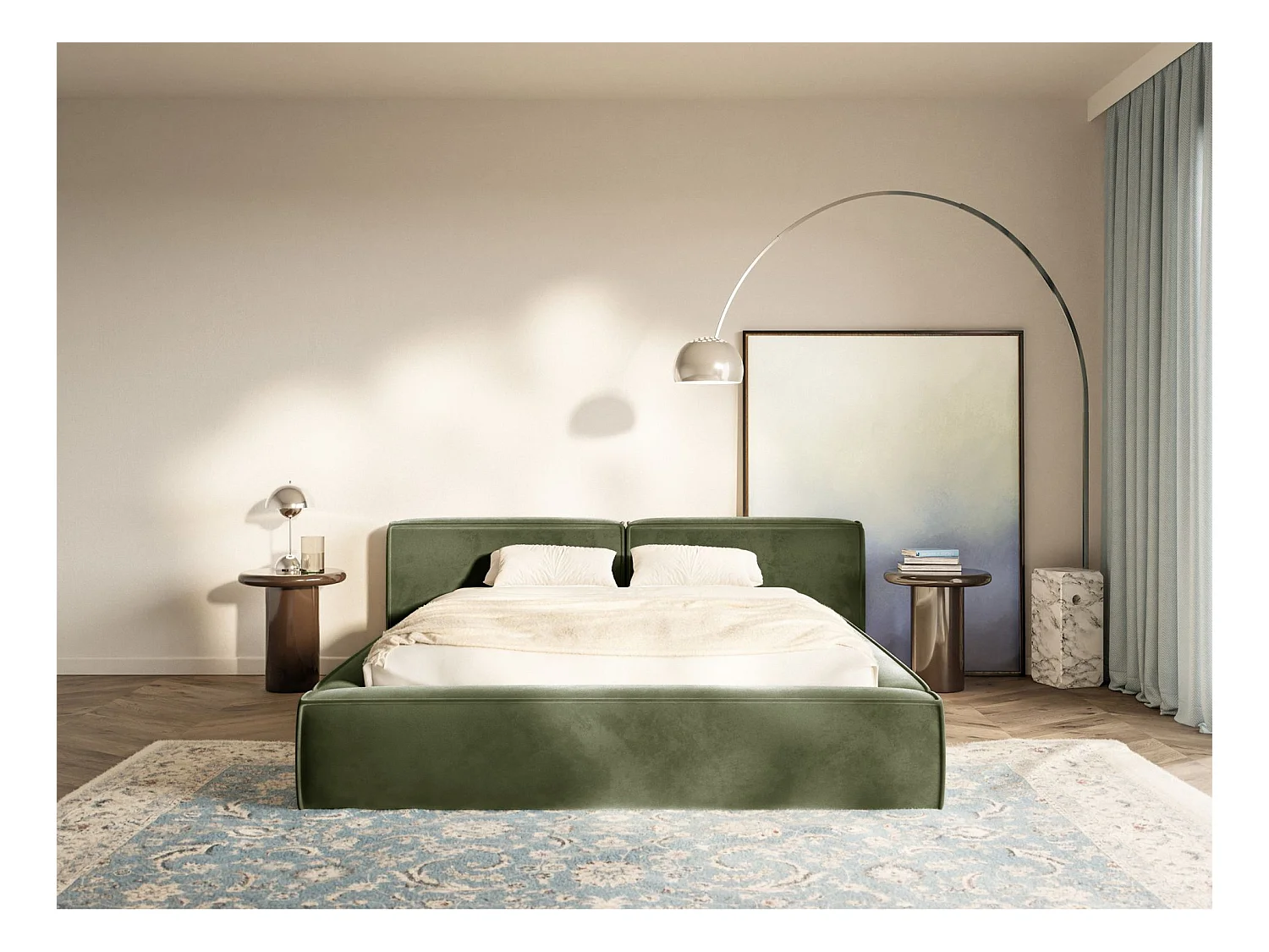 Polsterbett 200x200 mit Bettkasten – Lattenrost – Velours – olivgrün – TILVES LOW