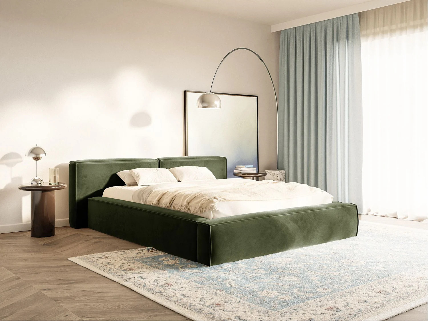 Lit coffre 200x200 avec coffre – sommier à lattes – velours – vert olive – TILVES LOW