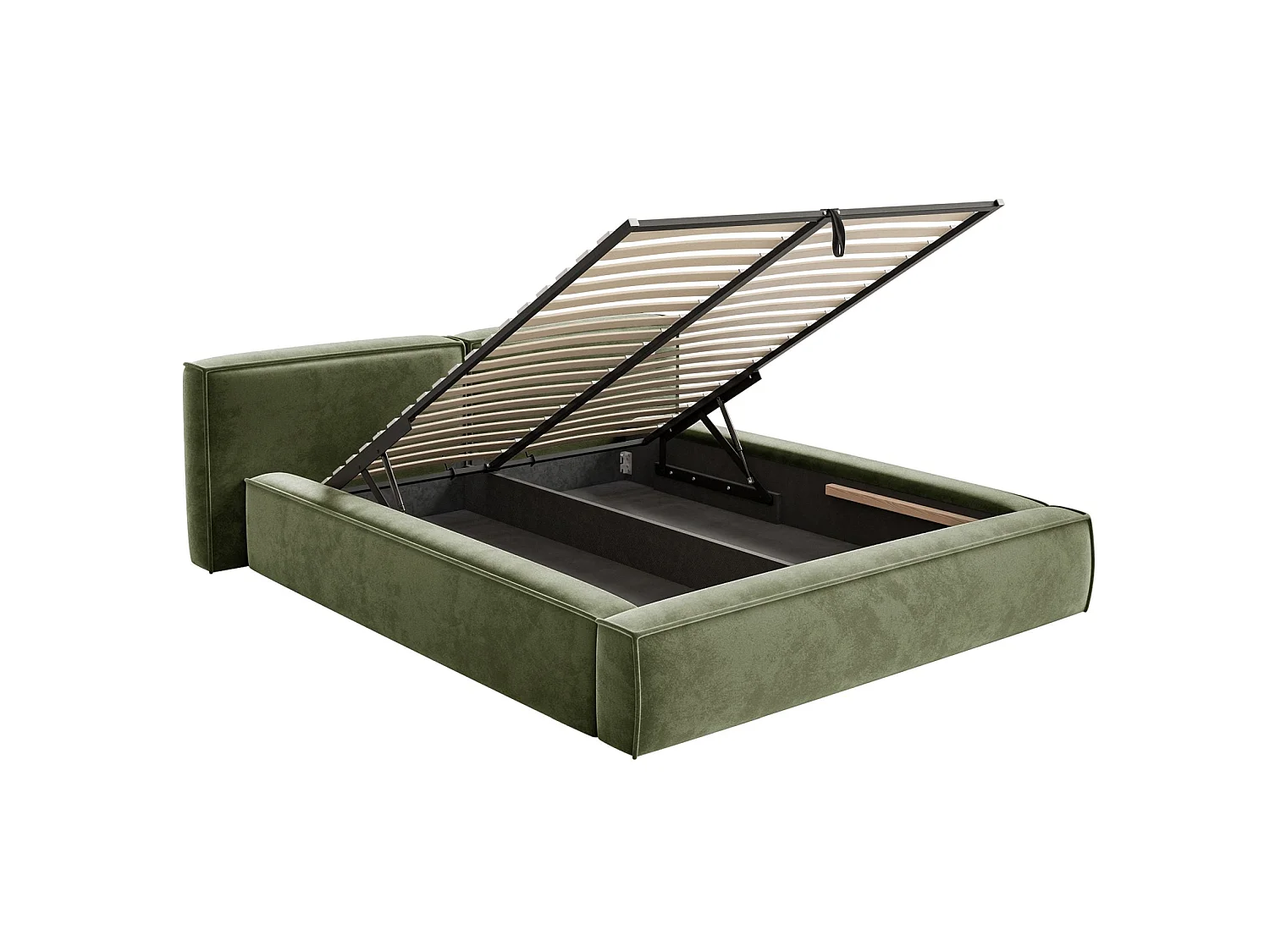 Lit coffre 200x200 avec coffre – sommier à lattes – velours – vert olive – TILVES LOW